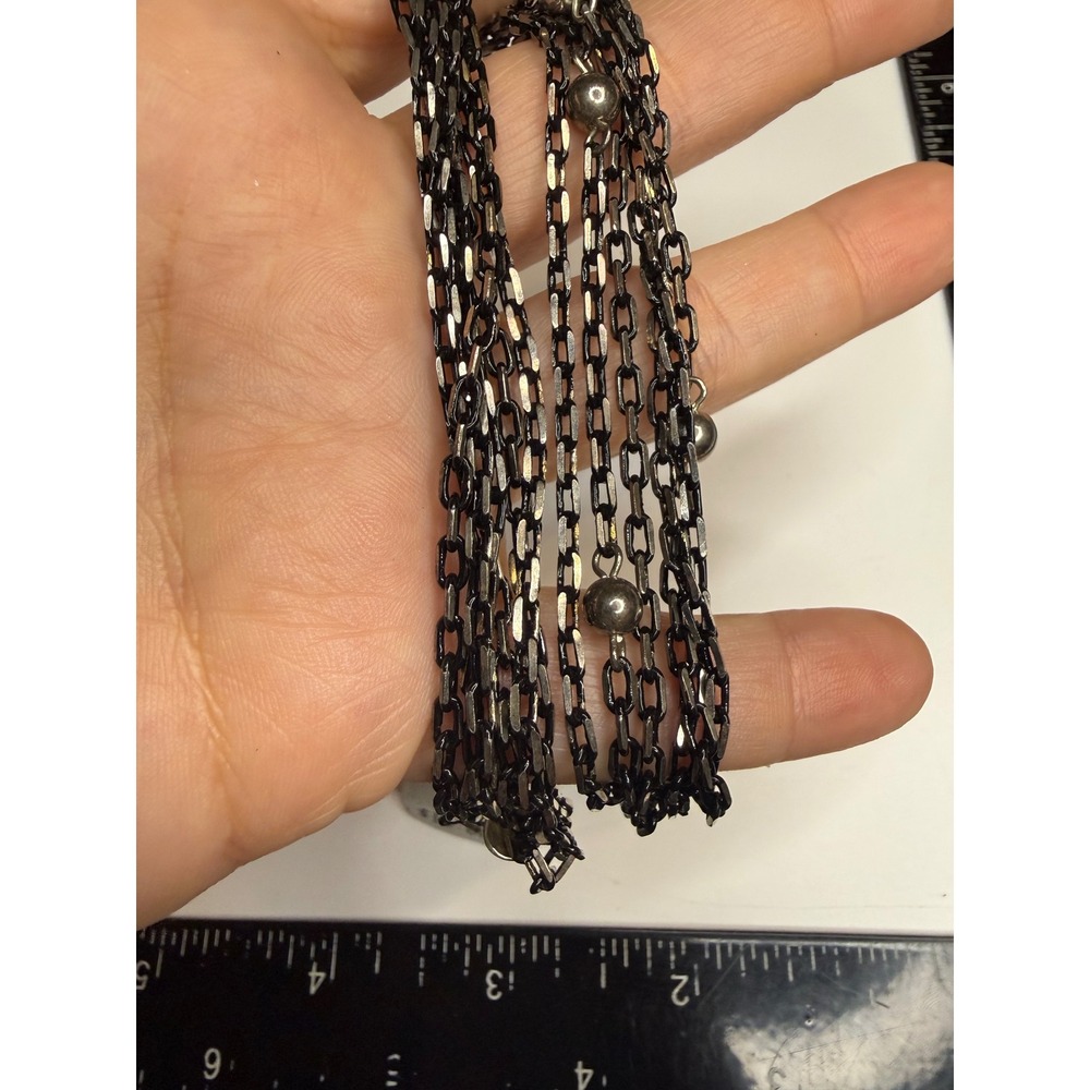 Gunmetal Multi Strand Tiered Chain Necklace with Silver Tone Beads 32 Inch